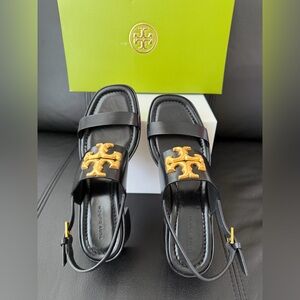 TORY BURCH ELEANOR HEEL SANDAL 55MM VACHETTA LEATHER SIZE 7 BLACK NIB